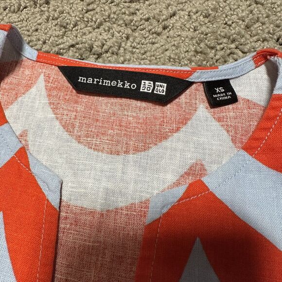 Uniqlo x Marimekko Linen Cotton Blue Orange Scallop Stripe 3/4 Sleeve Blouse, XS - Picture 4 of 8